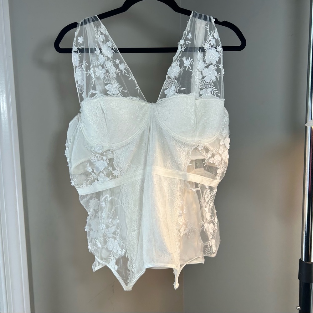Coquette Diva Ivory Lace and Mesh Bodysuit Corset with Flower Appliqués 3X Plus